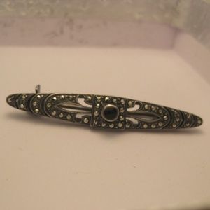 Sterling Silver Marcasite Onyx Bar Brooch, 4.80 g.
